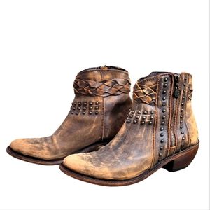 LIBERTY BLACK Distressed Brown Leather Studded Ankle Boots with Braided Strap 8